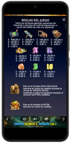 Interfaz del juego base con símbolos scatter y comodín en Big Bass Secrets of the Golden Lake