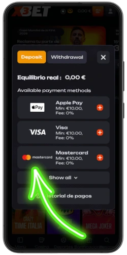 Paso 3: realiza un depósito con Apple Pay, Visa o Mastercard